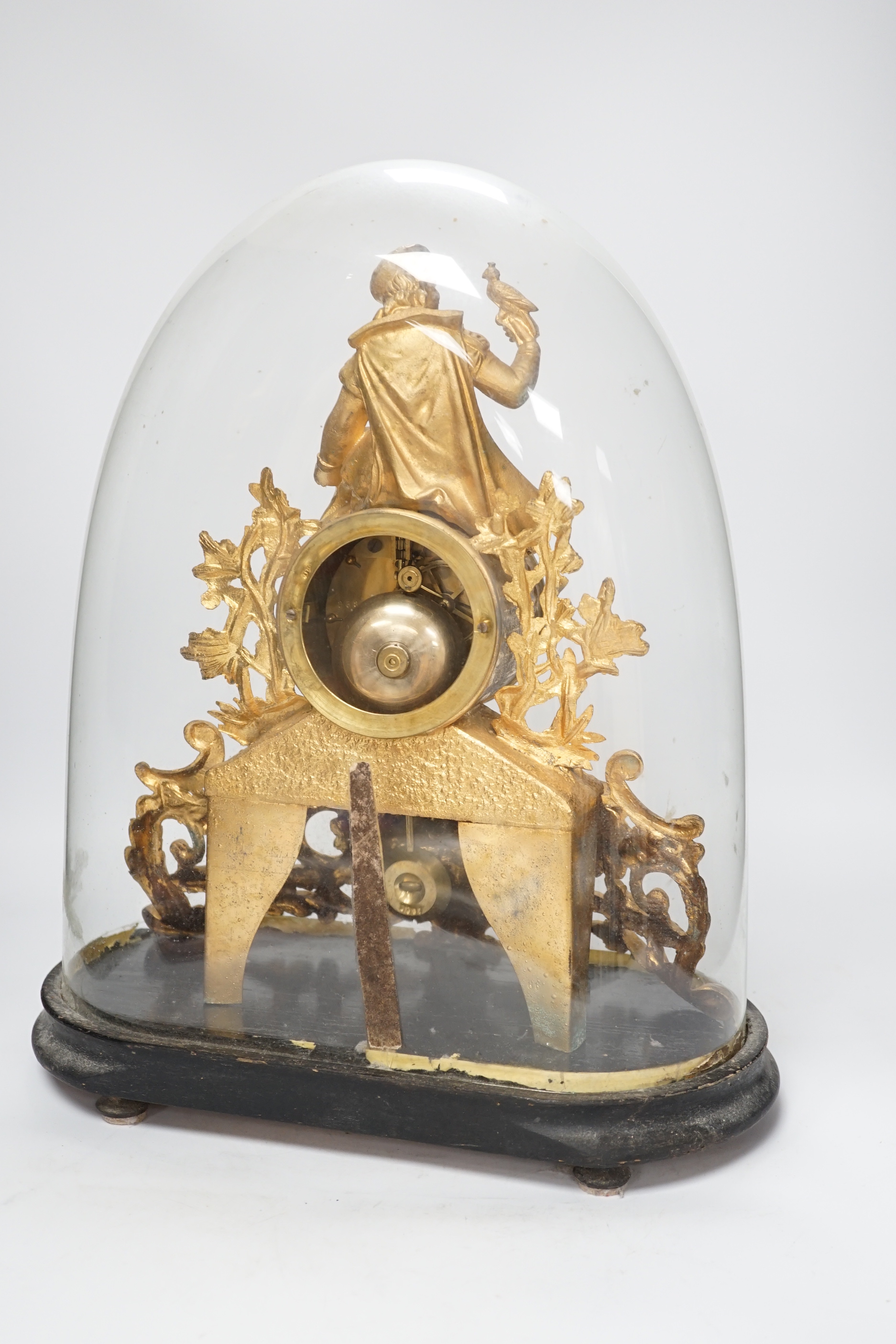 A 19th century Louis XVI-style gilt metal mantel clock, under glass dome, French movement striking on a bell, with key, 41cm